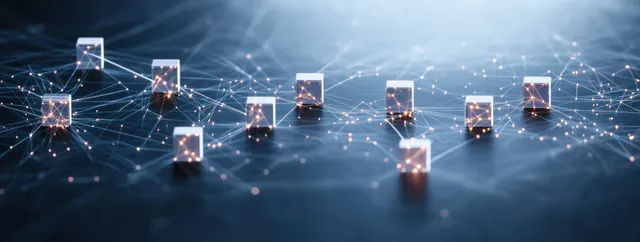Glowing data cubes linked by network lines across a dark blue digital web background