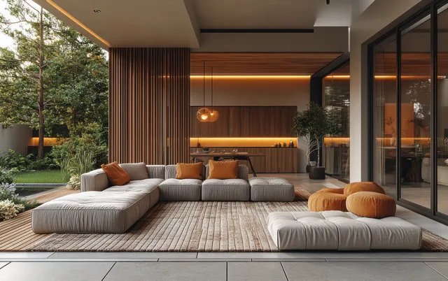 Sophisticated mid-century modern living room with plush seating, warm wood accents, and soft pastel colors creating a calm ambiance.