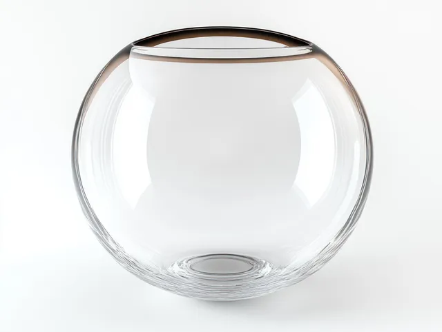 An empty clear glass bowl on a white studio background with soft reflections visible.