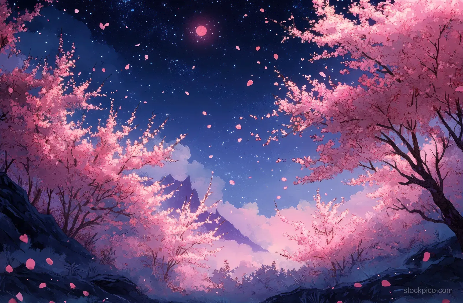 Moonlit cherry blossom trees with floating petals beneath a starry night sky in an ink-inspired landscape.