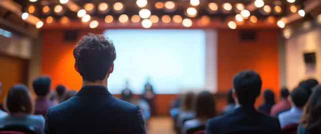 Back view of a speaker addressing a blurred conference audience with warm stage lights and a bright presentation screen.