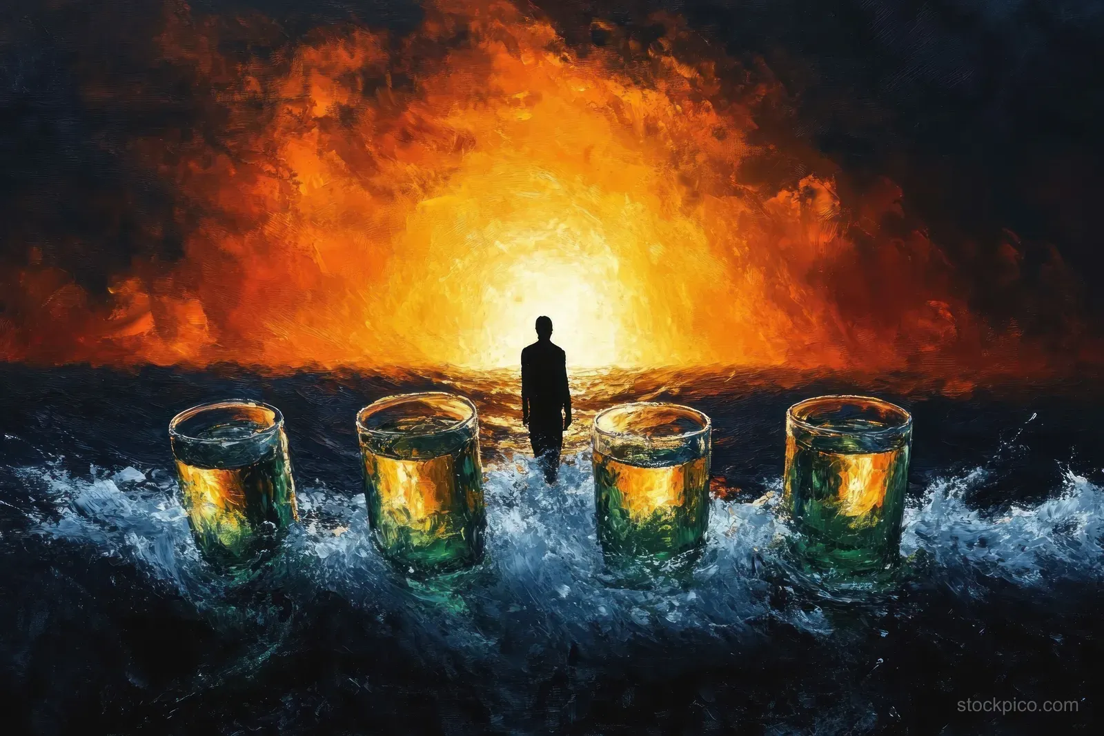 A lone silhouette stands amid ocean waves before five liquid-filled glasses under a fiery orange sunset.