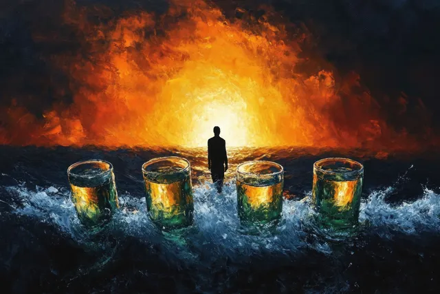 A lone silhouette stands amid ocean waves before five liquid-filled glasses under a fiery orange sunset.