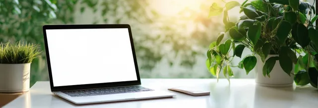 Laptop with blank white screen on a white desk next to potted green plants and a smartphone in sunlight.
