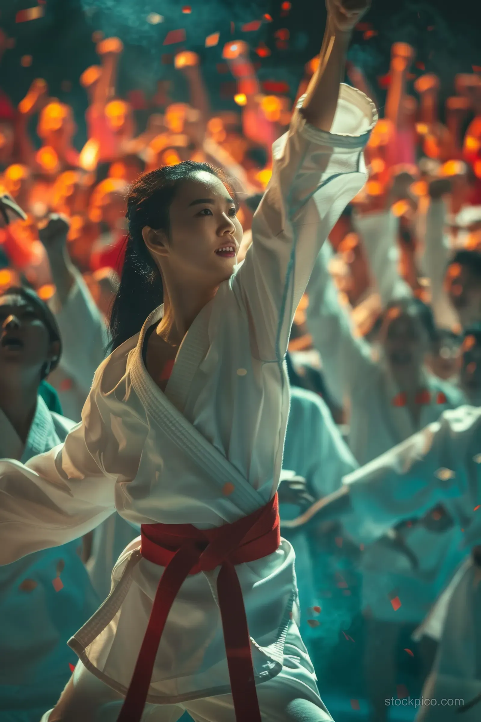Chinese taekwondo athlete in white uniform raises her fist for a victory pose while spectators cheer in the arena.