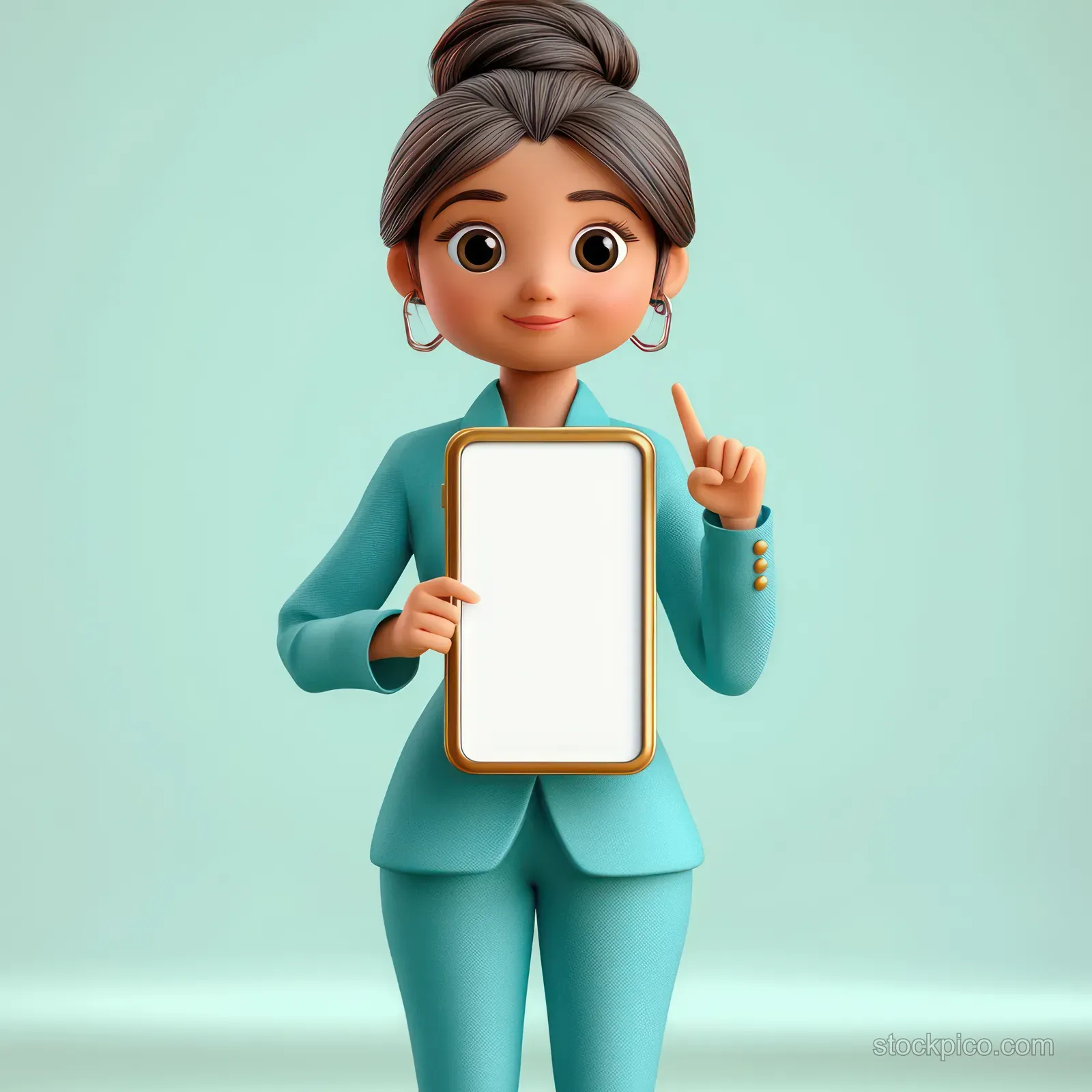 Cartoon businesswoman in turquoise suit holding a blank smartphone screen and pointing in surprise on a teal background.