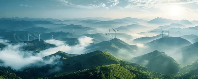 Wind turbines generating power on misty mountain ridges under sunrise clouds