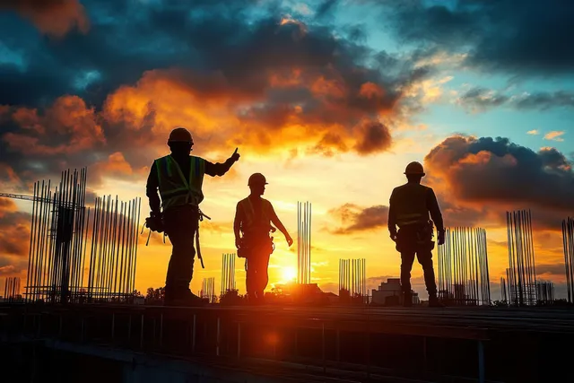 Silhouetted construction workers and an engineer stand on a building site with steel rebar and a glowing sunset behind storm clouds.