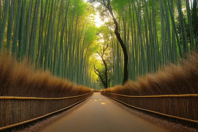 Sunlit bamboo forest path framed by natural fence and glowing canopy