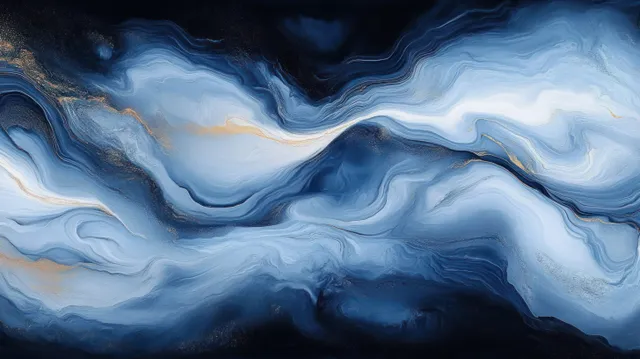 Abstract blue-white liquid waves with faint gold shimmer flowing like marble currents