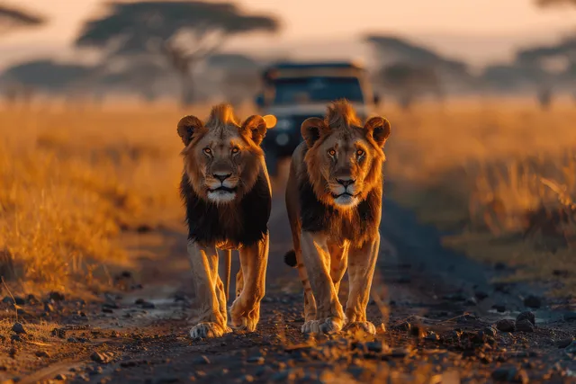 Two lions walk down a dirt road in the African savanna at sunset with a safari jeep behind them.