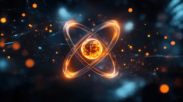 Orange glowing atom nucleus with curved electron orbits and floating light particles on a dark blue background.