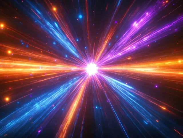 A glowing white center shoots orange, blue, and purple light beams outward in space.