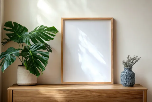Empty wooden picture frame above a wooden console table with a potted plant and gray ceramic vase.