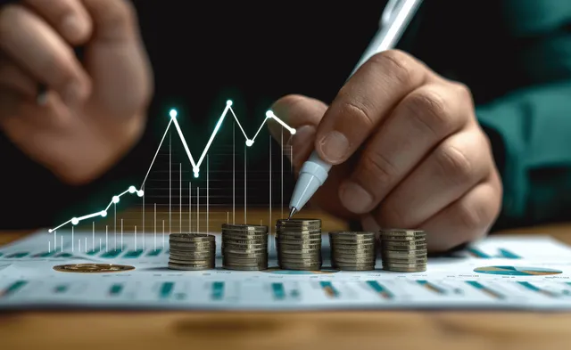 A person writes next to a rising stock chart with coin stacks on a desk.