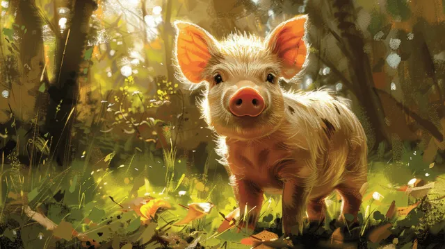 Cartoon pig in a sunlit forest clearing with green grass, trees, and glowing floating light particles.