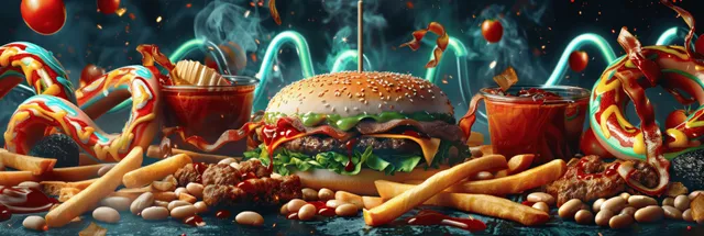 Center burger with colorful snake coils and fries on a dark neon food-themed background.