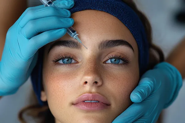 Gloved clinician administers a forehead injection to a freckled woman, close-up
