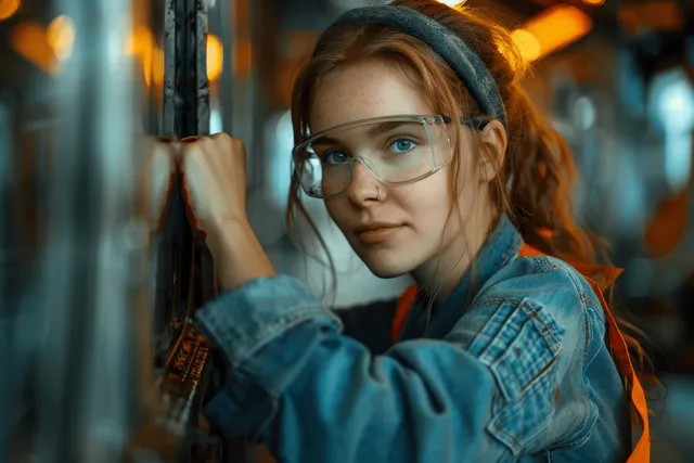 Female technician tightens a car door panel on an automotive assembly line with blurred conveyor lights behind.