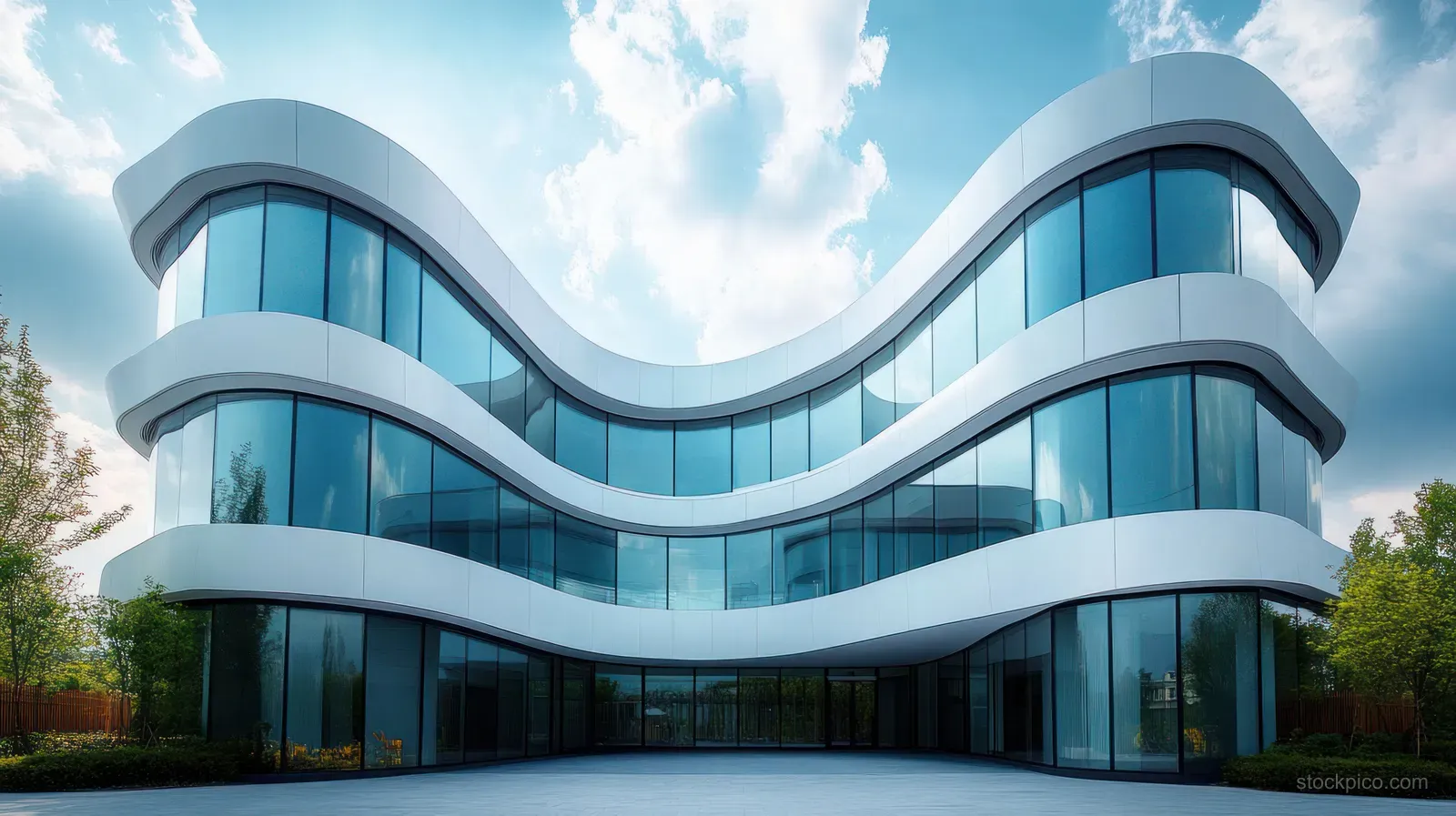 Curved white and glass office building with balcony-like bands and large windows surrounded by trees under a blue cloudy sky.