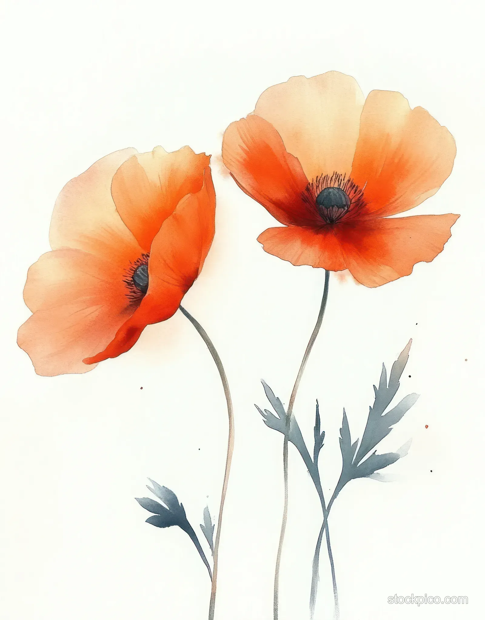 Two orange poppy flowers with soft petals and slender stems on a light background