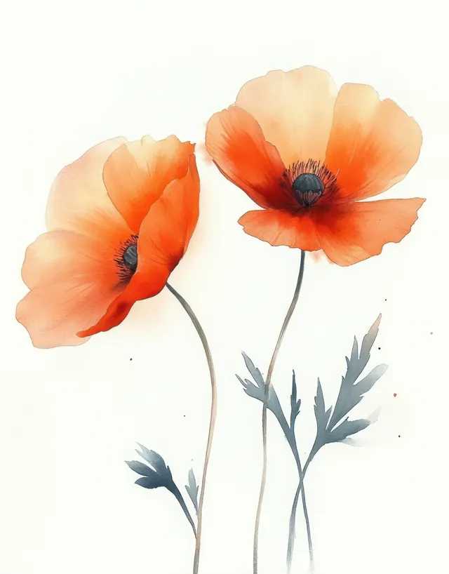Two orange poppy flowers with soft petals and slender stems on a light background
