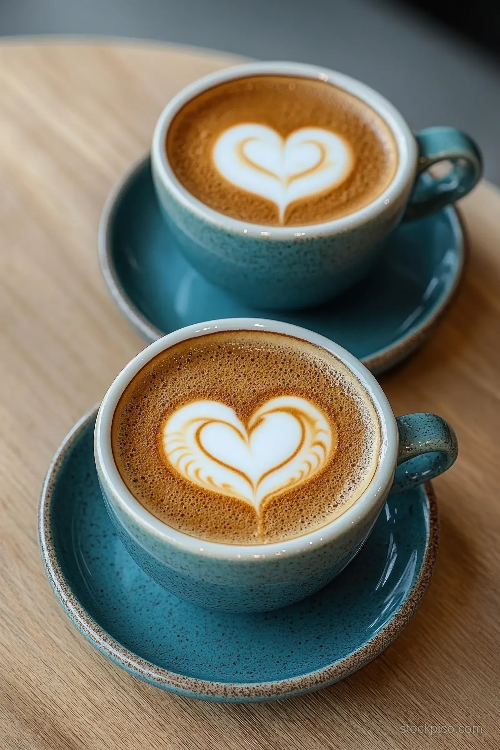 Two blue cappuccino cups on a wooden table, each topped with heart-shaped latte art in frothy foam.