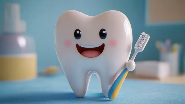 Smiling cartoon tooth character brushing with a toothbrush in a bright bathroom setting.