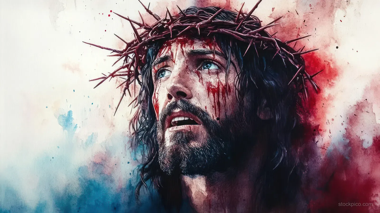 A long-haired bearded man wearing a crown of thorns bleeds down his face as he looks upward against blurred red and blue hues.