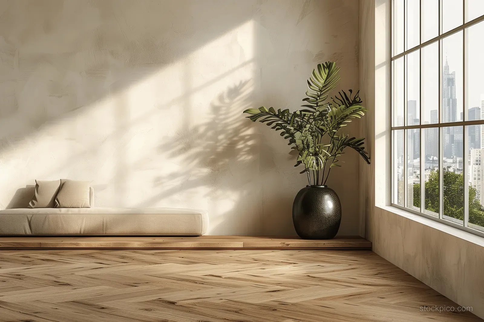 Empty minimalist living room with parquet floor, beige walls, and a black vase plant by large windows showing a city view.