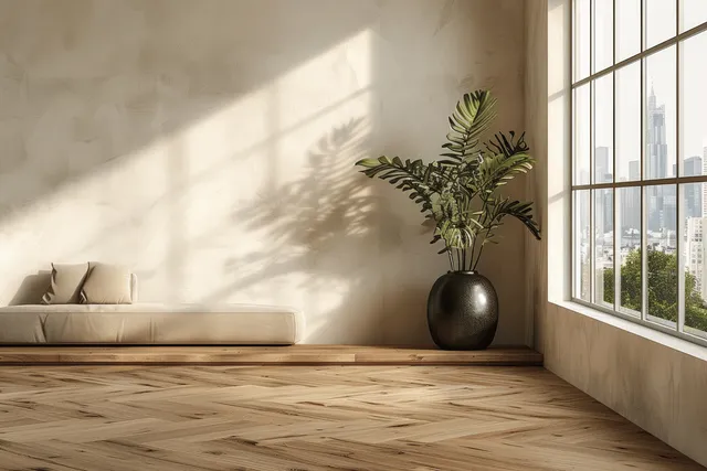 Empty minimalist living room with parquet floor, beige walls, and a black vase plant by large windows showing a city view.