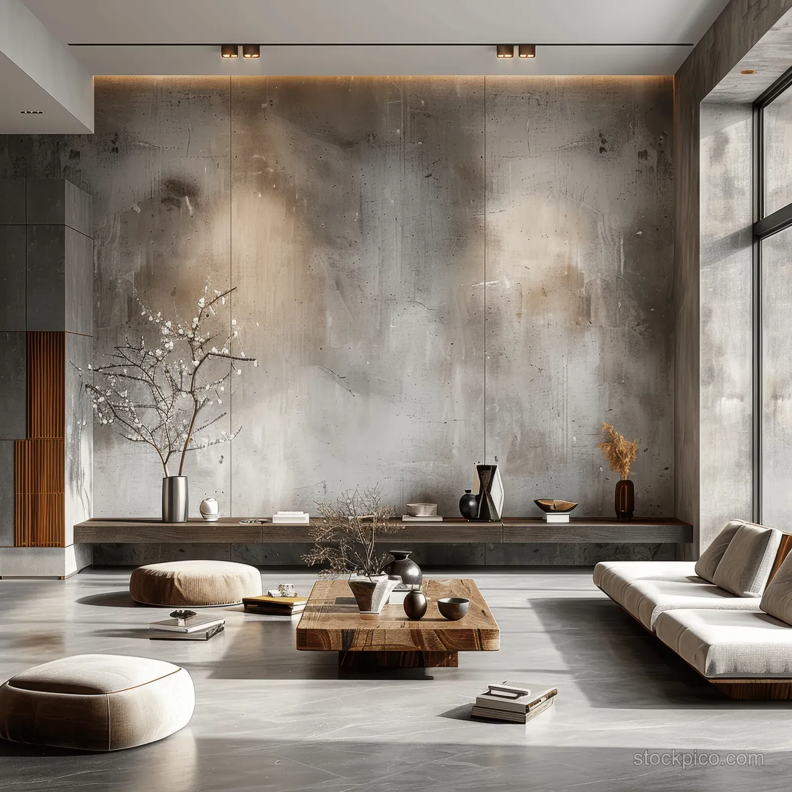 A Japandi living room with a textured concrete accent wall, wooden furniture, neutral cushions, and decor items.