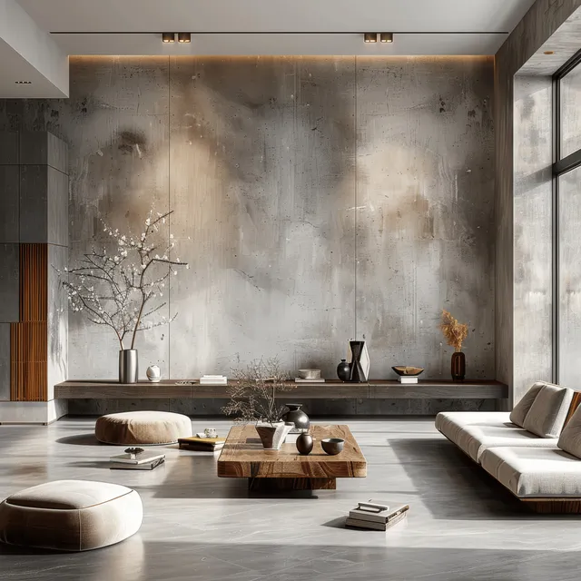 A Japandi living room with a textured concrete accent wall, wooden furniture, neutral cushions, and decor items.