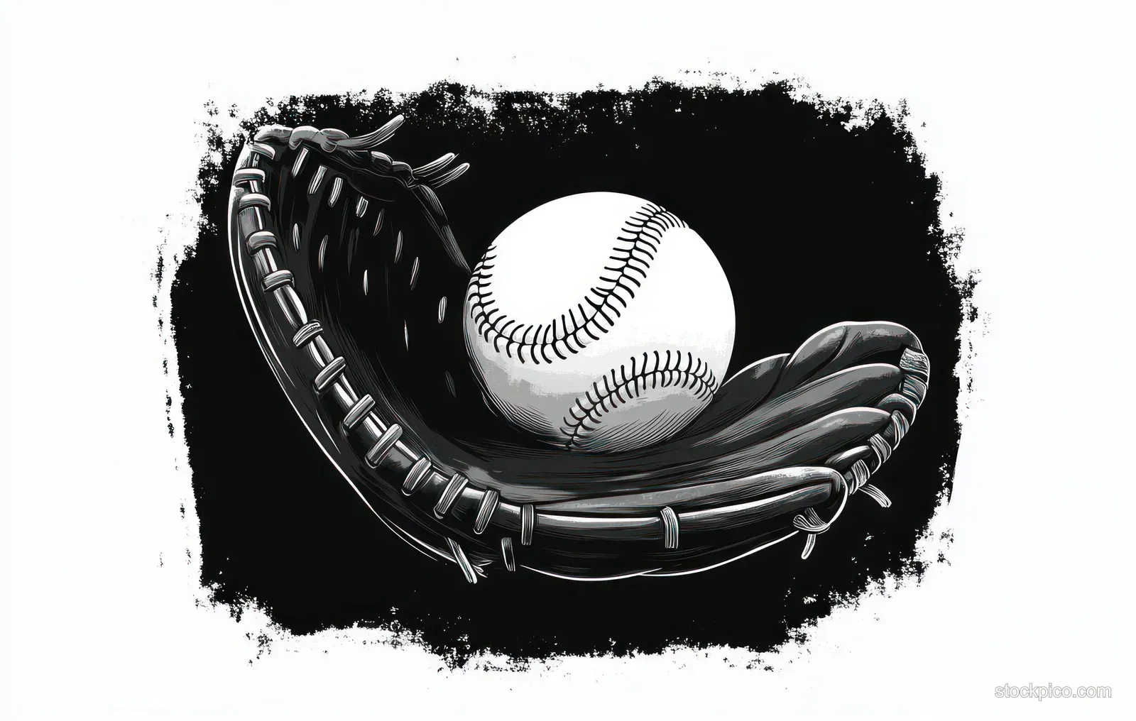 Black and white illustration of a baseball glove catching a baseball against a textured dark background.