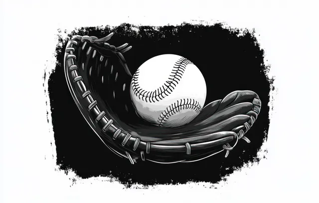 Black and white illustration of a baseball glove catching a baseball against a textured dark background.