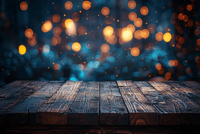 Weathered wooden tabletop on dark stage with glowing bokeh lights behind
