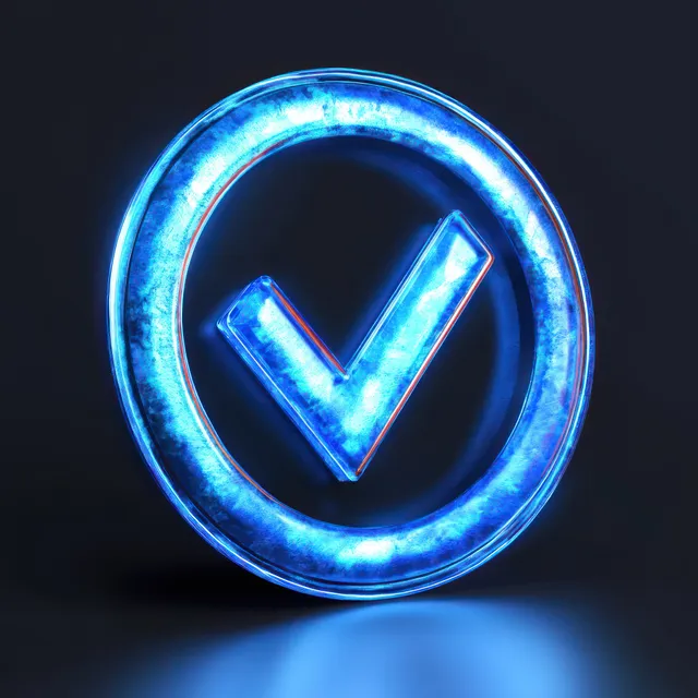 A glowing blue checkmark icon inside a circular badge with soft light and dark background.