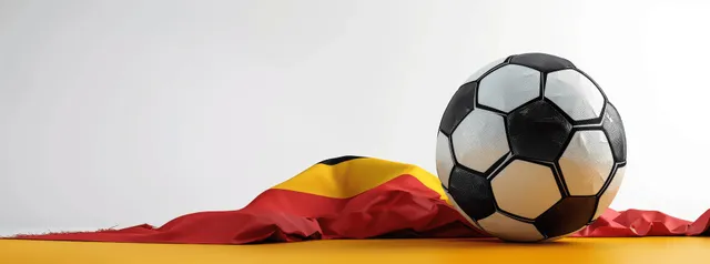 A 3D rendering of a soccer ball designed with the German flag, set against a white background.