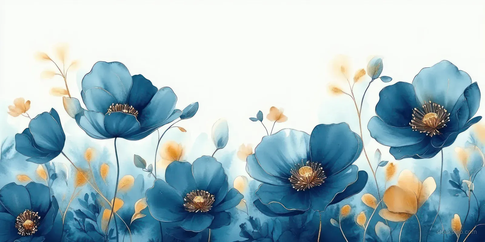 Blue and orange blossoms with golden stamens spread across a white background.