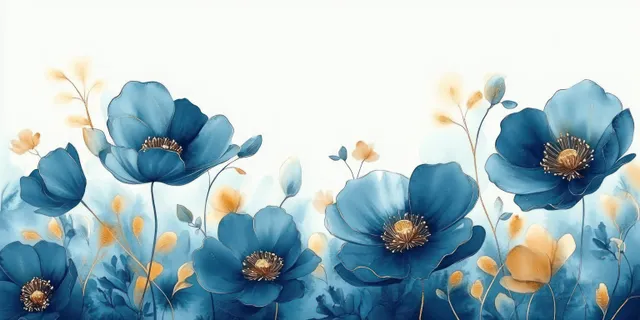 Blue and orange blossoms with golden stamens spread across a white background.