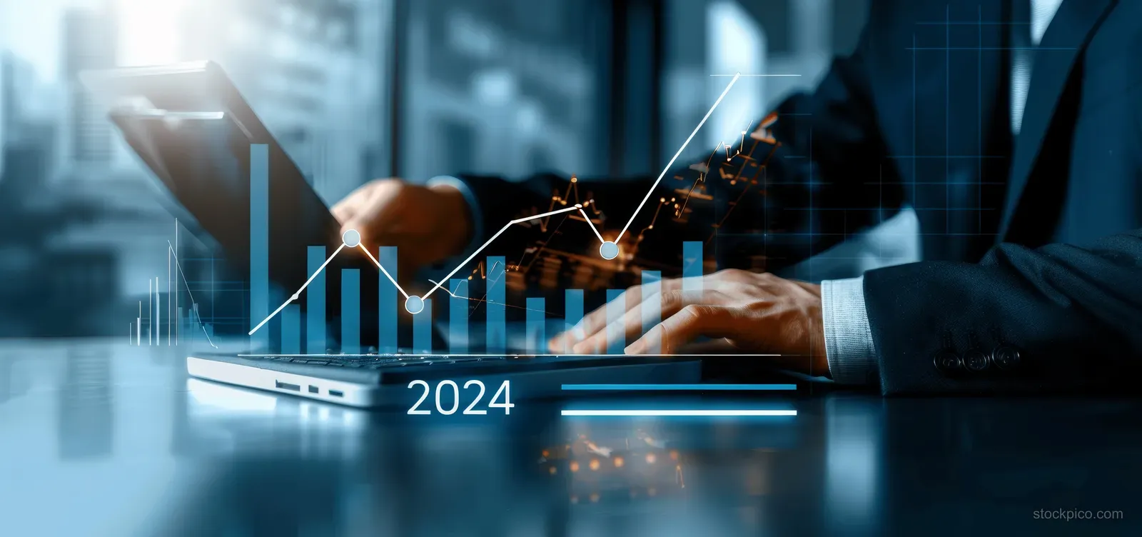 Businessman reviewing 2024 financial projections on a digital tablet with an illuminated upward growth chart overlay.