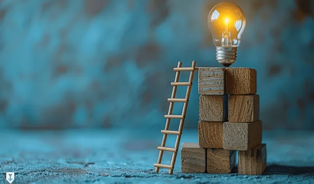 Glowing lightbulb on stacked wooden blocks with a ladder leaning upward against a blurred blue background.