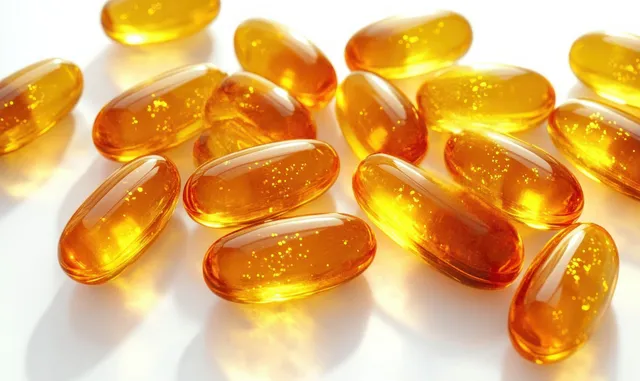 Golden omega-3 fish oil capsules scattered on a clean white background under studio lighting.