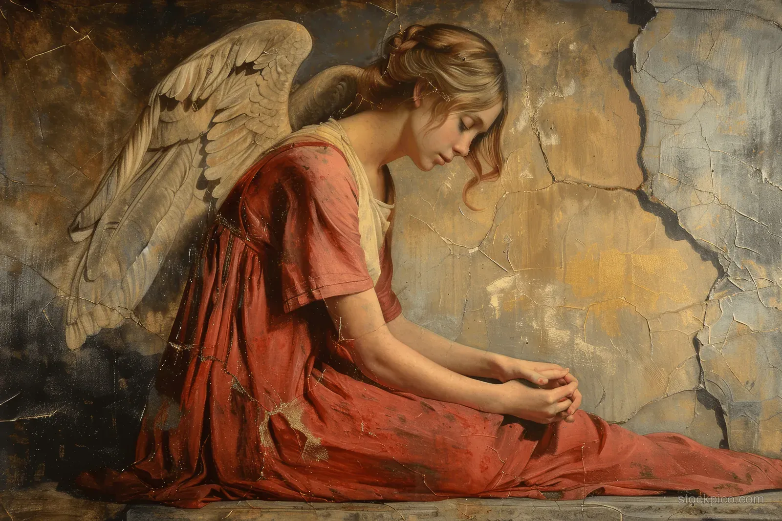 Mary kneels in prayer beside a winged angel appearing in a weathered wall scene in ancient Jerusalem.