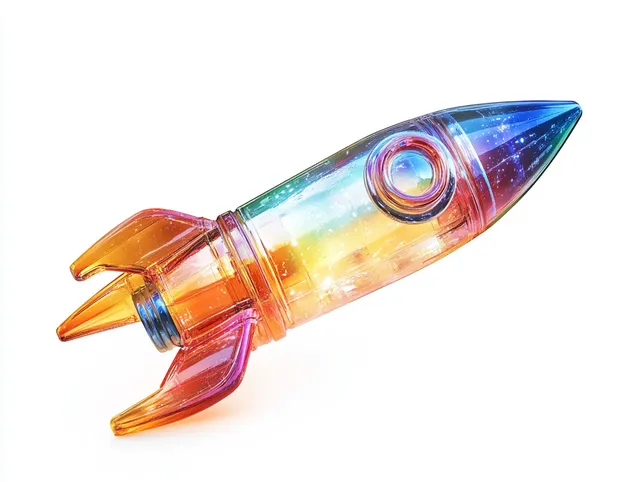 Translucent gradient rocket toy blasting forward with glowing light trails on white background