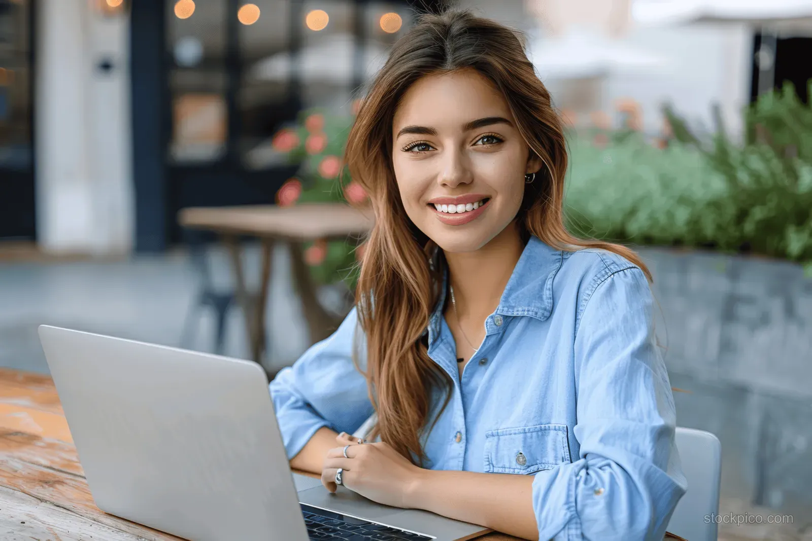 Smiling young businesswoman sits outdoors with a laptop, appearing on a video call near an office courtyard.