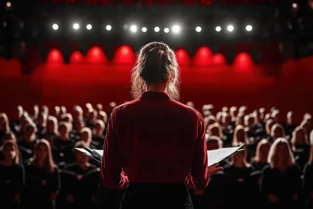 A female choir conductor faces a large chorus on stage under bright spotlights against a red backdrop.