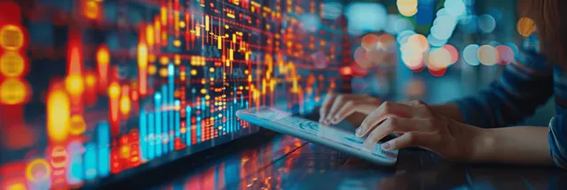Analyst using tablet dashboards with financial charts and glowing market data