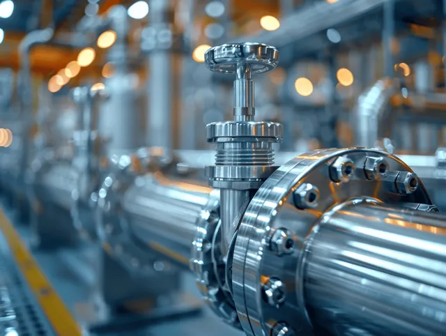 Polished stainless steel medical device fittings connected to glass tubing with strong light reflections in an industrial setting.