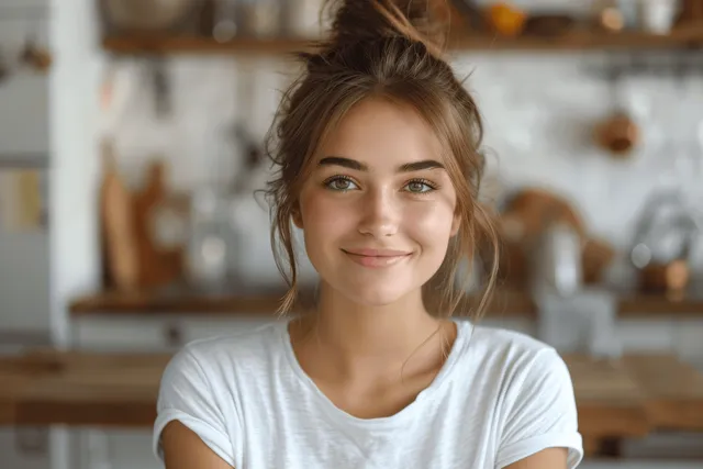 A young woman smiles in a cozy kitchen, with warm soft lighting and a softly blurred home interior behind her.